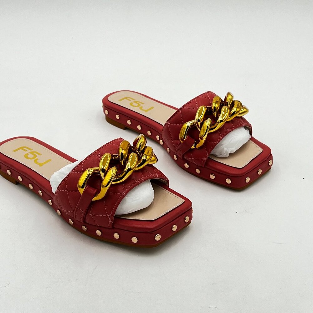 FSJ Red Sexy Square Open Toe Comfortable Flat Thick Sole Cushion Sandals